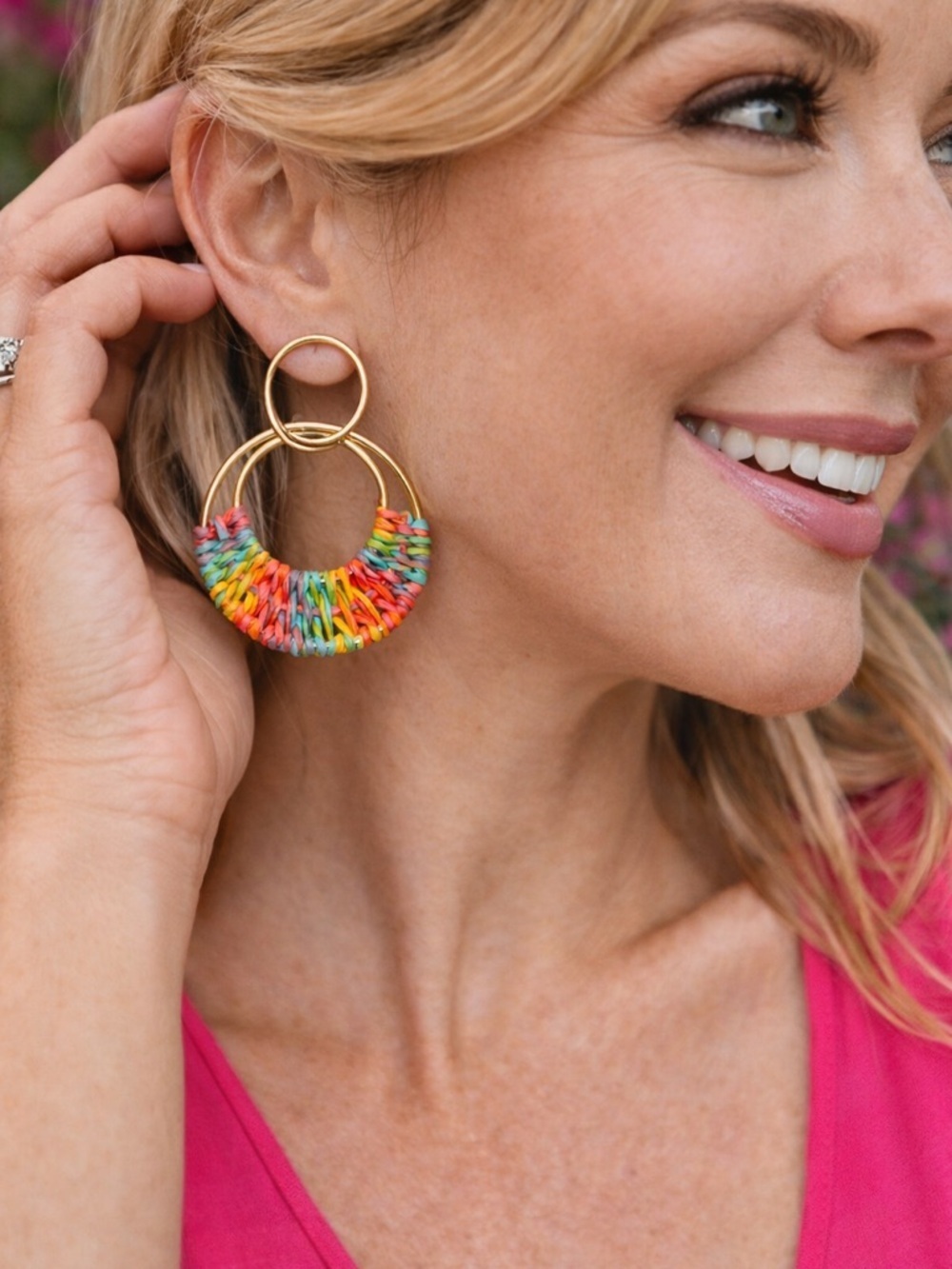 Colorful Raffia Hoop Earrings Gold Double Hoop Boho Statement Summer